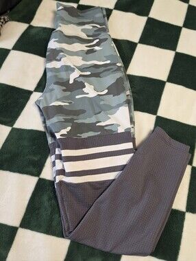 Bombshell Sportswear Blue Gray Camo & Charcoal Stripe Leggings